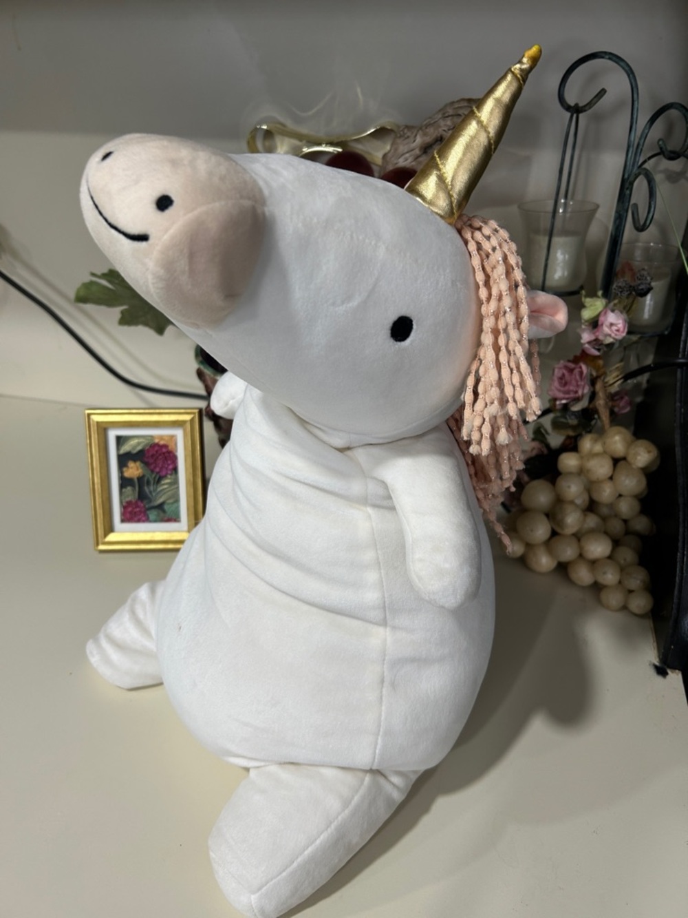 Pillowfort White Plush Unicorn with Gold Horn and Pink Mane